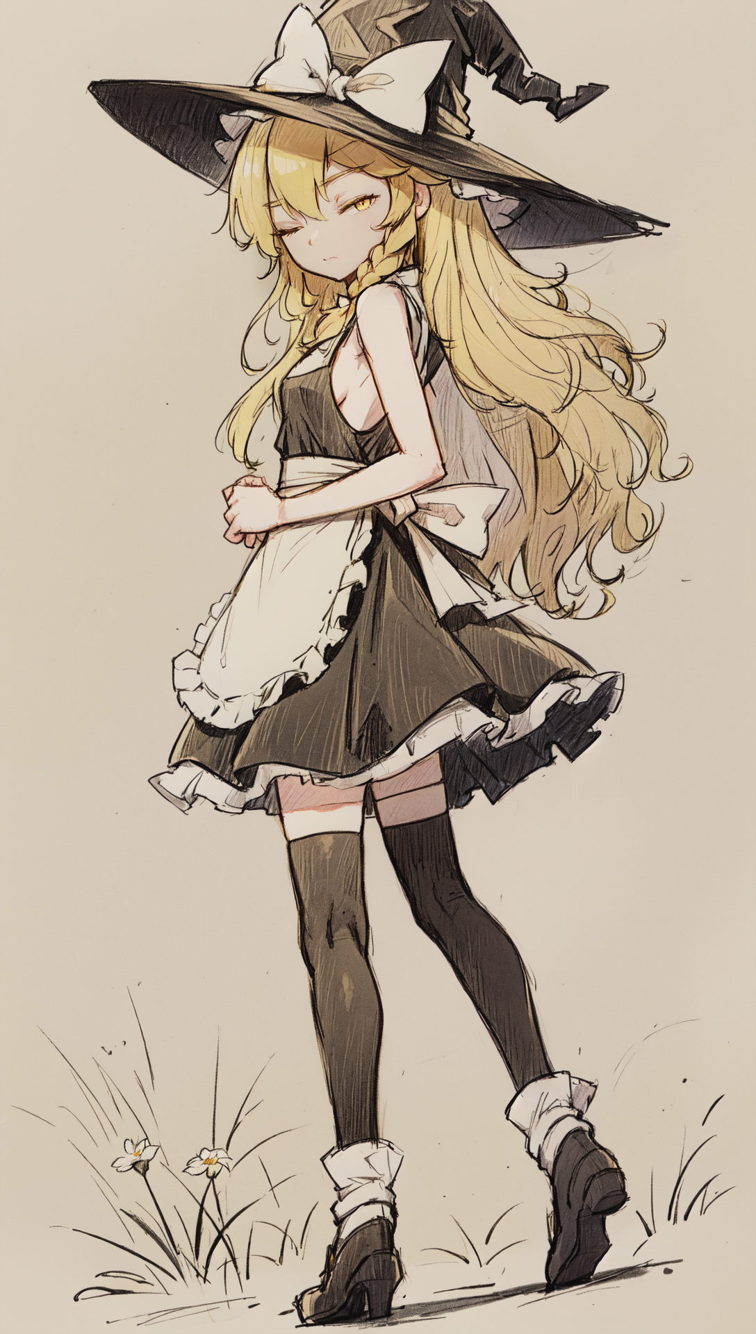 111831-1264770164-kirisame marisa, blonde hair, yellow eyes, black dress, waist apron, witch hat, frills, hat bow, standing, crossed ankles, from.png